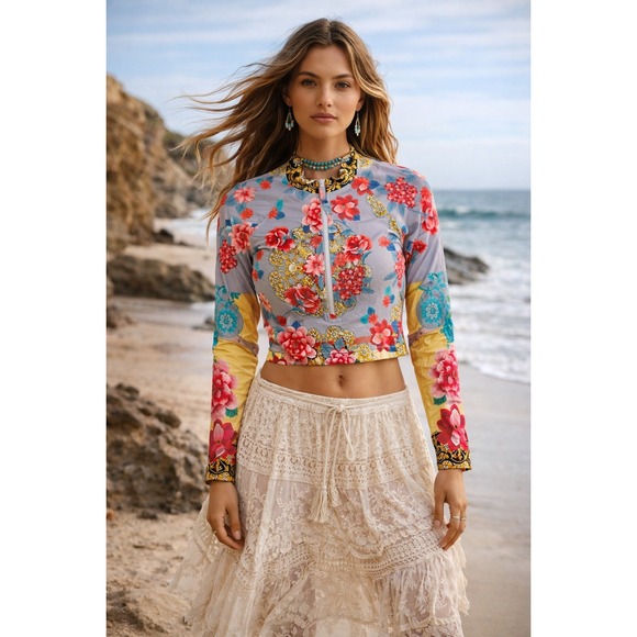 JOHNNY WAS Japer Floral Rash Guard XS Crop Top Coastal Chic Eclectic Bohemian
